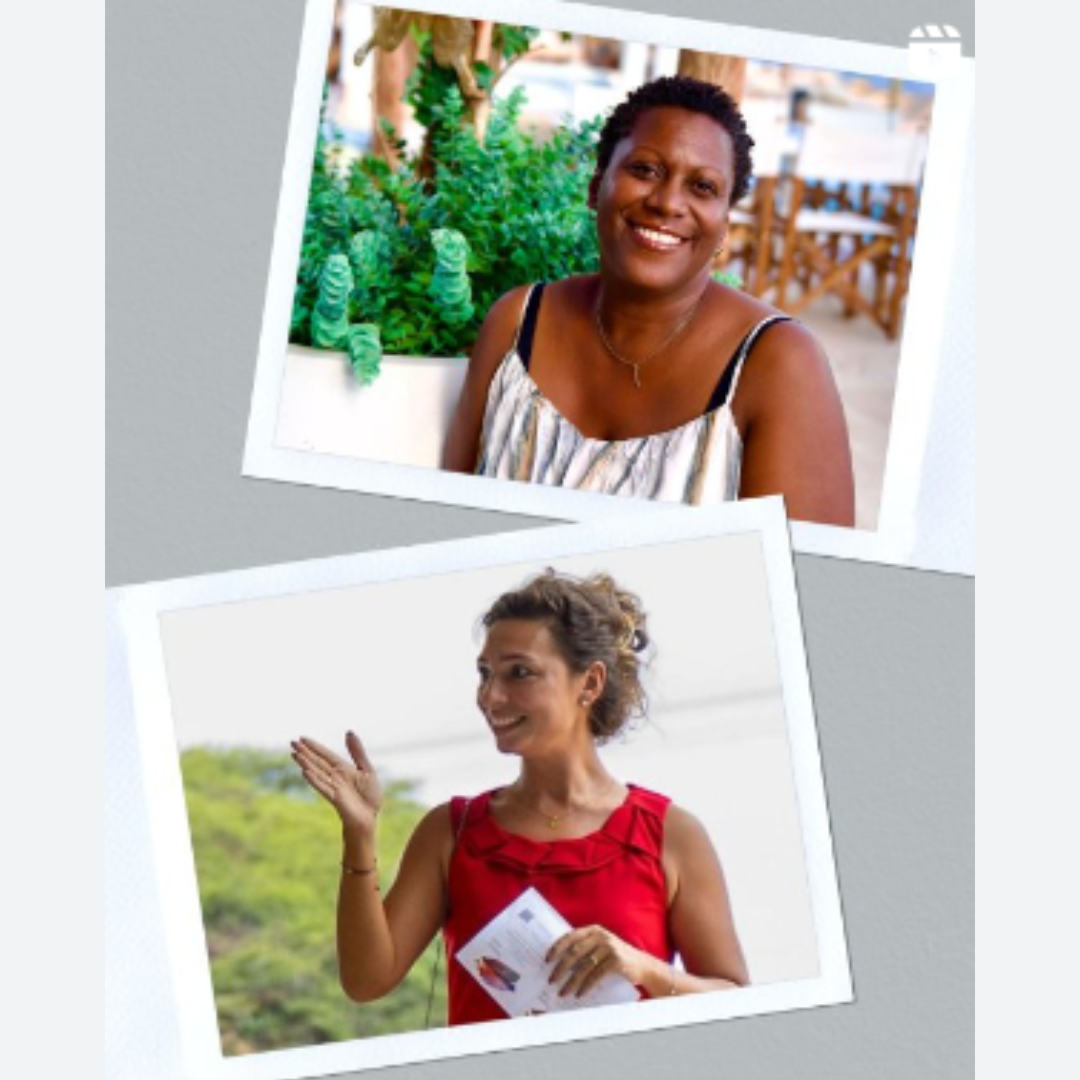 2 grafische polaroid foto's op 1 beeld van een vrouw Saundra Williams in een tropische omgeving zittend voor een plant met een hemdje met print. Op de andere grafische polaroid een vrouw genaamd Rowen met key card in handen voor de zee.